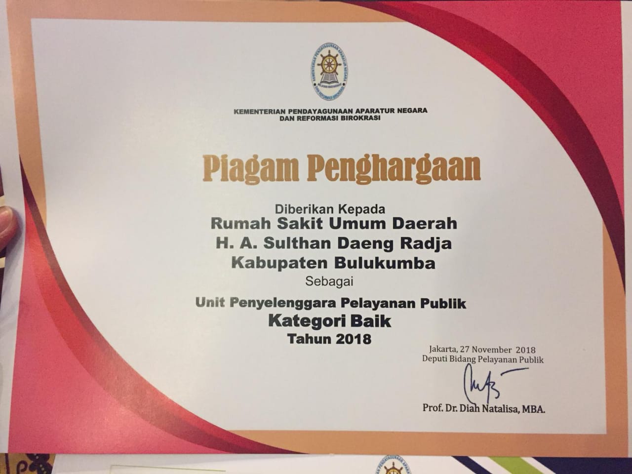 RSUD Bulukumba Terima Penghargaan Dari KemenPan-RB RI
