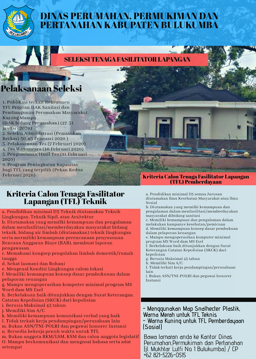 PENGUMUMAN SELEKSI TENAGA FASILITATOR LAPANGAN DINAS PERUMAHAN, PEMUKIMAN DAN PERTANAHAN