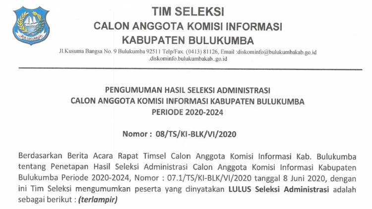 PENGUMUMAN HASIL SELEKSI ADMINISTRASI CALON ANGGOTA KOMISI INFORMASI KABUPATEN BU;LUKUMBA PERIODE 2020-2024