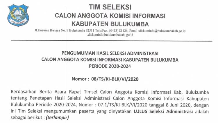 PENGUMUMAN HASIL SELEKSI ADMINISTRASI CALON ANGGOTA KOMISI INFORMASI KABUPATEN BU;LUKUMBA PERIODE 2020-2024