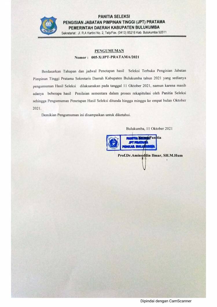 PENUNDAAN PENGUMUMAN HASIL SELEKSI TERBUKA JPT PRATAMA SEKRETARIS DAERAH KABUPATEN BULUKUMBA 